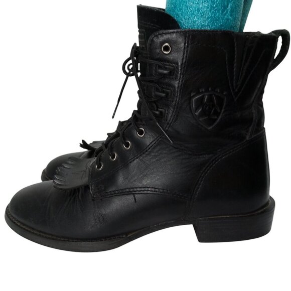 Ariat Black Leather Kiltie Paddock Western Riding Boots Size 6.5 Cowboy Womens - Picture 6 of 16